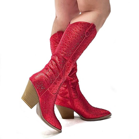 Women's Red Blingy Rhinestone Western Knee High Cowboy Boots - Picture 3 of 6
